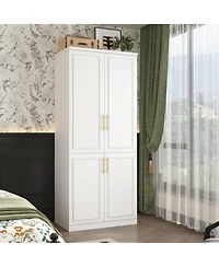 Modern white 4-door handle wardrobe, bedroom Armoire, Wooden Closet