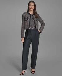 Bcbg Womens Braided Trim Tweed Collarless Jacket Printed Sleeveless Tie Neck Blouse Denim Straight Leg Pants