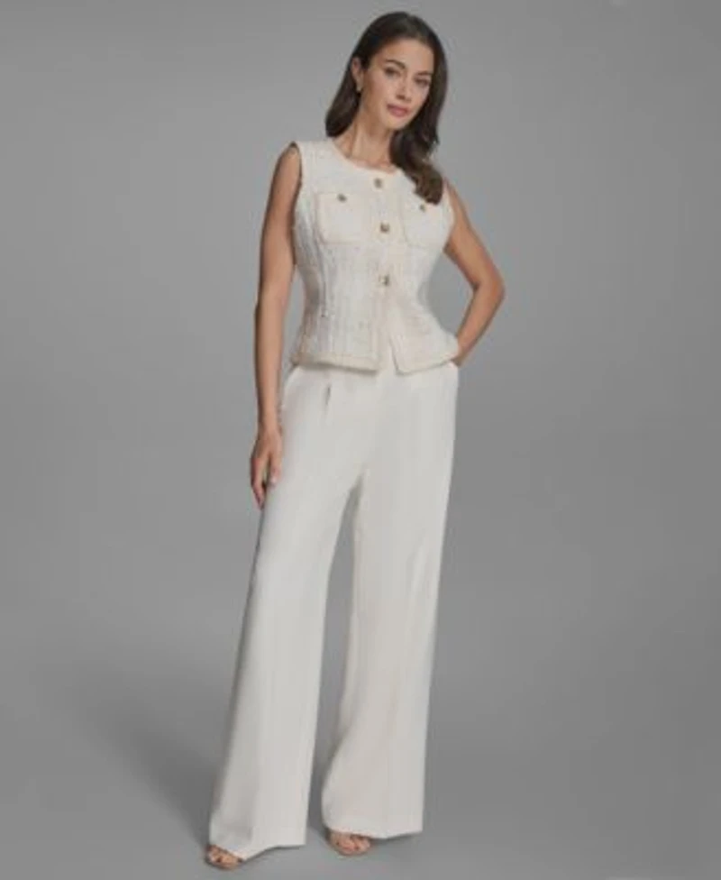 Bcbg Womens Textured Crewneck Button Front Vest Pleated Wide Leg Pants