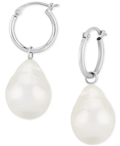 Cultured Freshwater Baroque Pearl (12mm) Dangle Hoop Earrings in 14k Gold