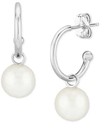 Pearl (6 mm) Drop Hoop Earrings Set 14k Yellow Gold