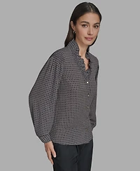 Bcbg Women's Printed Ruffled V-Neck Blouse