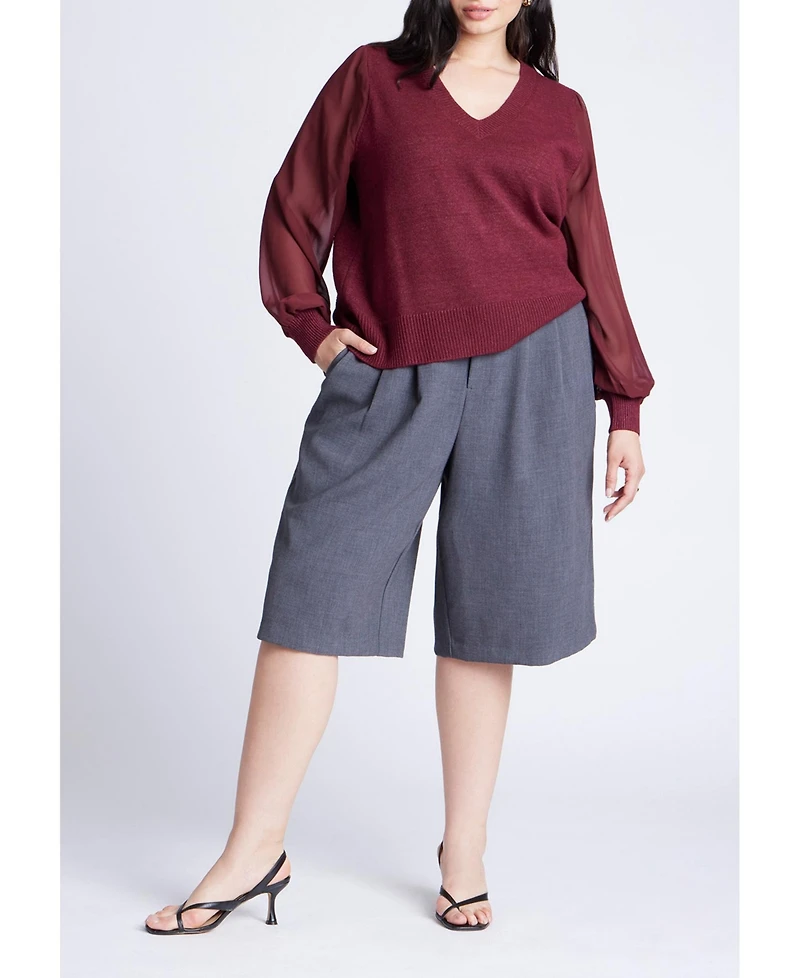 Eloquii Women's Sheer Sleeve V-Neck Sweater
