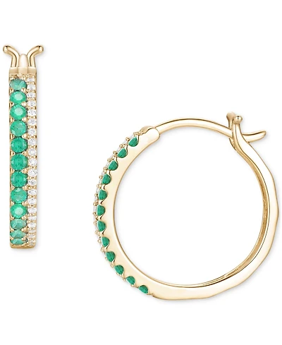 Emerald (3/8 ct. t.w.) & Diamond (1/8 Double Row Small Hoop Earrings 14k Gold-Plated Sterling Silver, 0.75"