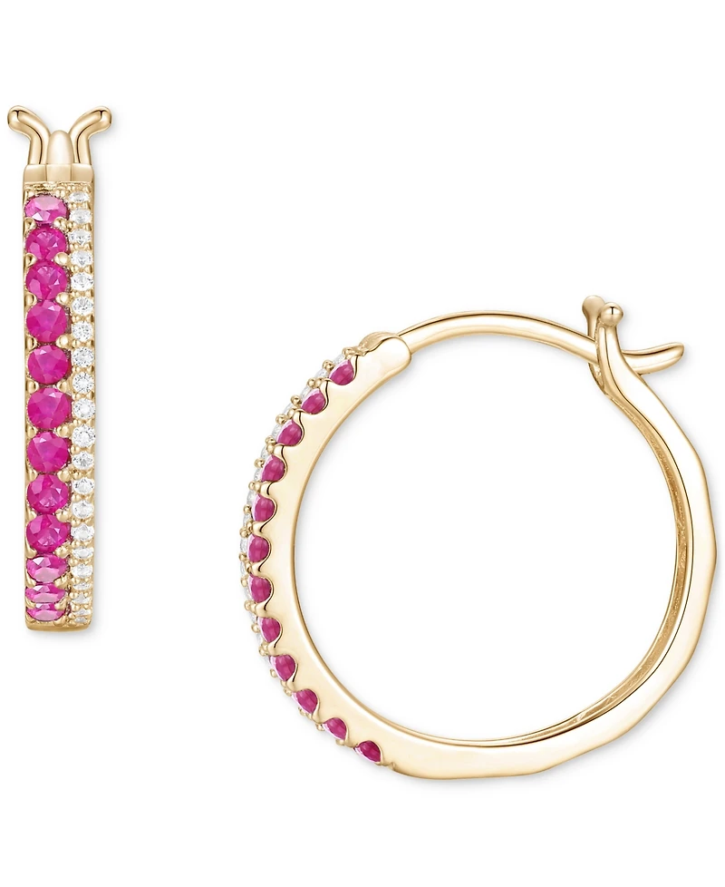 Emerald (3/8 ct. t.w.) & Diamond (1/8 Double Row Small Hoop Earrings 14k Gold-Plated Sterling Silver, 0.75"