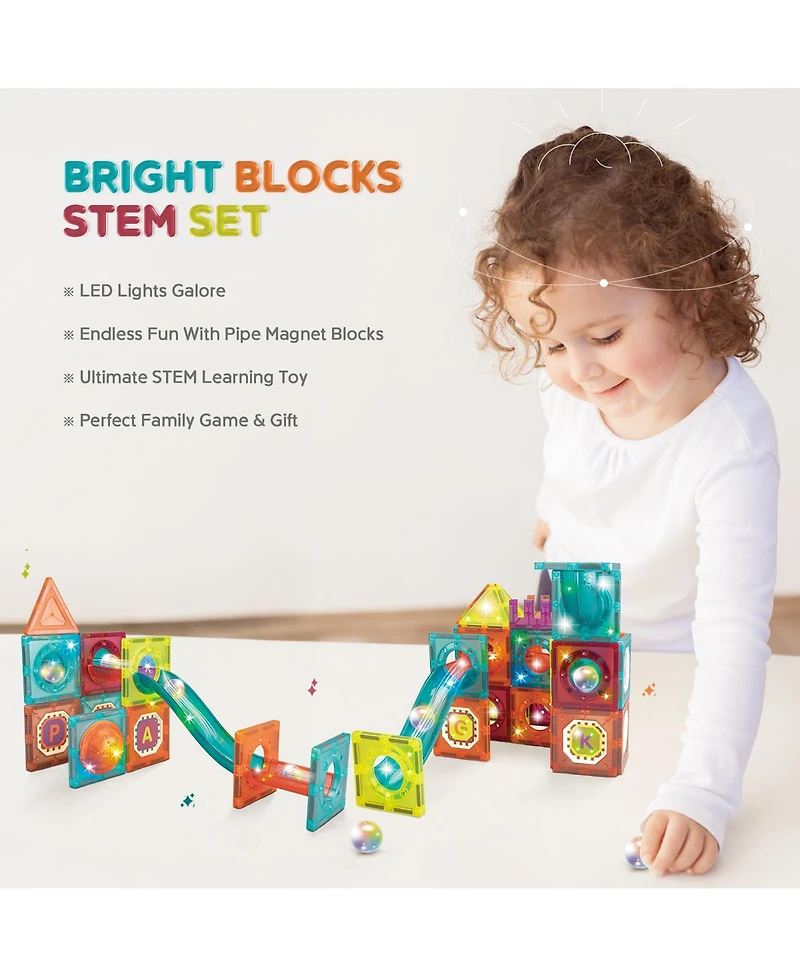 Contixo 65-Piece Glow-in-the-Dark Marble Run Magnetic Tile Set, Stem Building Toy