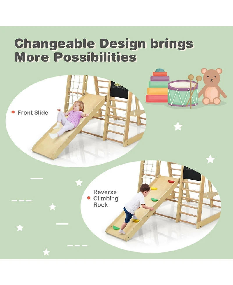 Akiudex 8-in-1 Wooden Climber Play Set with Slide and Swing for Kids