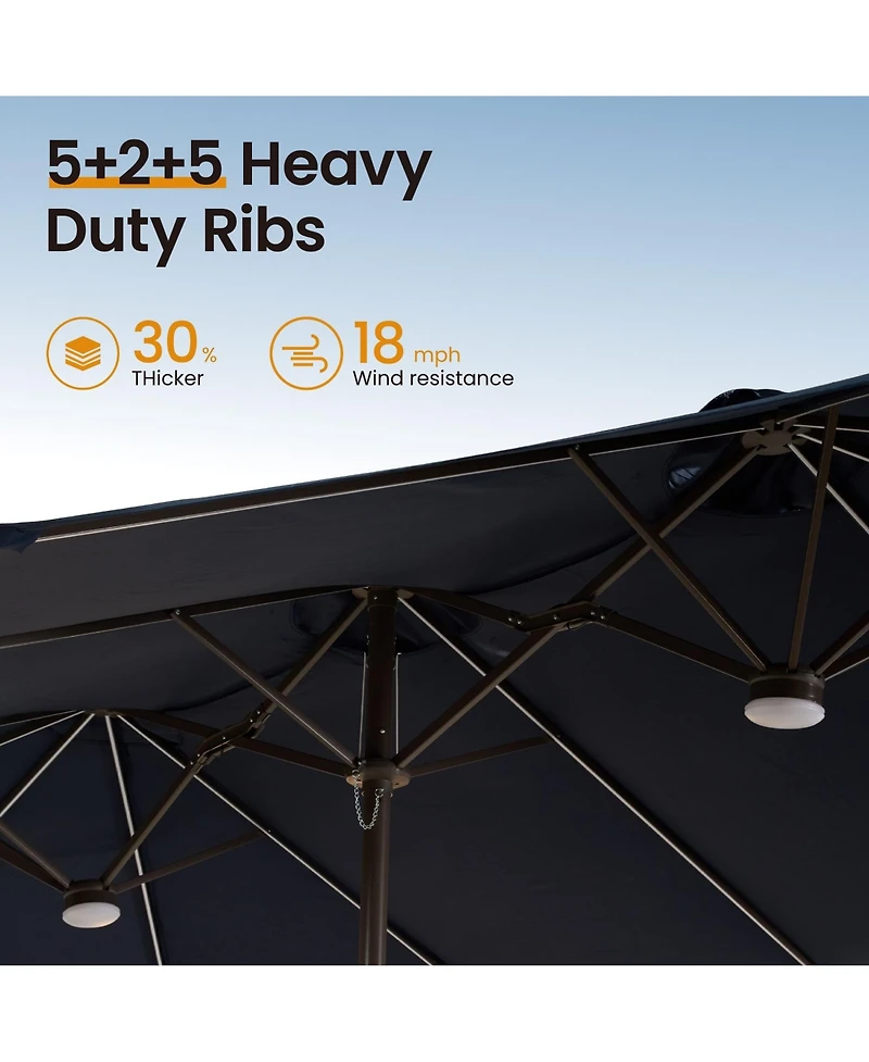 Xizzi 15ft Solar Umbrella Smart Led Lighted Patio Umbrella,12 Heavy Duty Ribs Large Outdoor Double Sided Rectangle Umbrella with Light Modes and Base