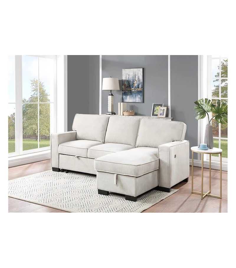 Homlux 86.5"W Beige Fabric Reversible Sleeper Sectional with Storage Chaise Drop-Down Table 2 Cup Holders and 2USB Ports
