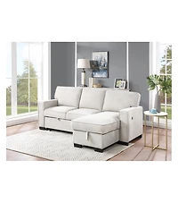Homlux 86.5"W Beige Fabric Reversible Sleeper Sectional with Storage Chaise Drop-Down Table 2 Cup Holders and 2USB Ports