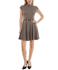 Taylor Petite Jacquard Mock-Neck Belted Fit & Flare Dress