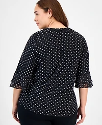 Kasper Plus Dot-Print Flutter-Sleeve Blouse