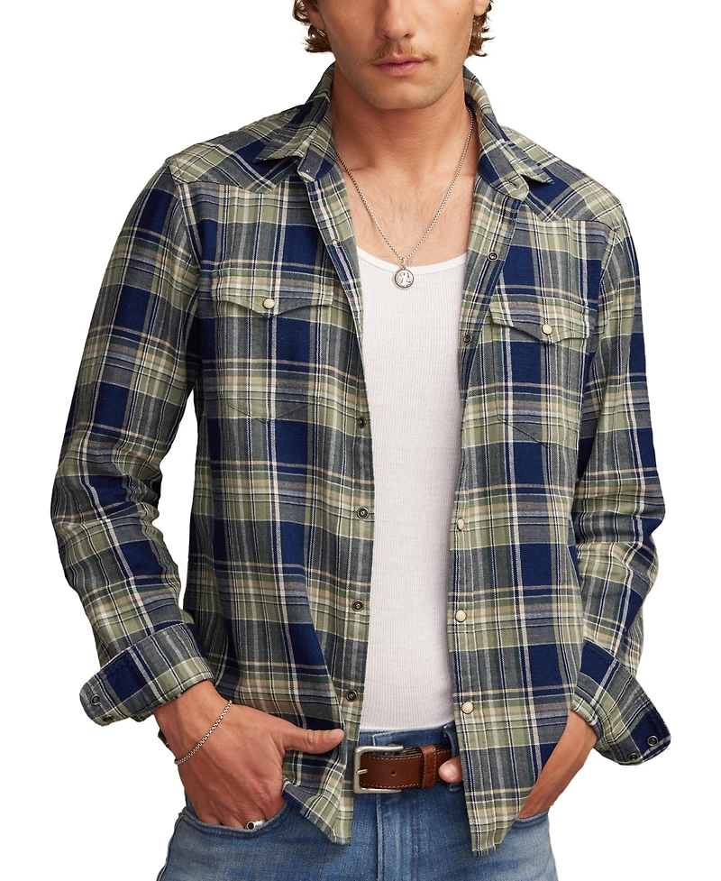 Lucky Brand Men's Indigo Plaid Western Long Sleeve Snap-Front Shirt