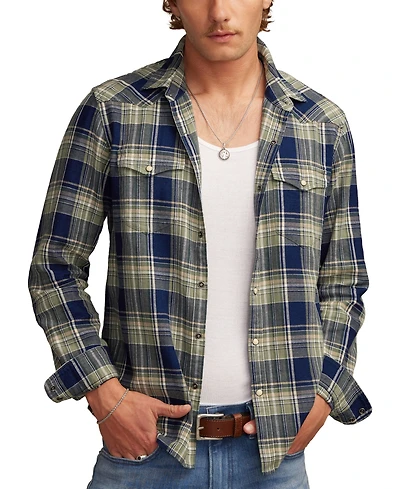 Lucky Brand Men's Indigo Plaid Western Long Sleeve Snap-Front Shirt