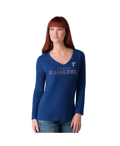 G-iii 4Her by Carl Banks Women's Royal Texas Rangers Post Season Long Sleeve V-Neck T-Shirt