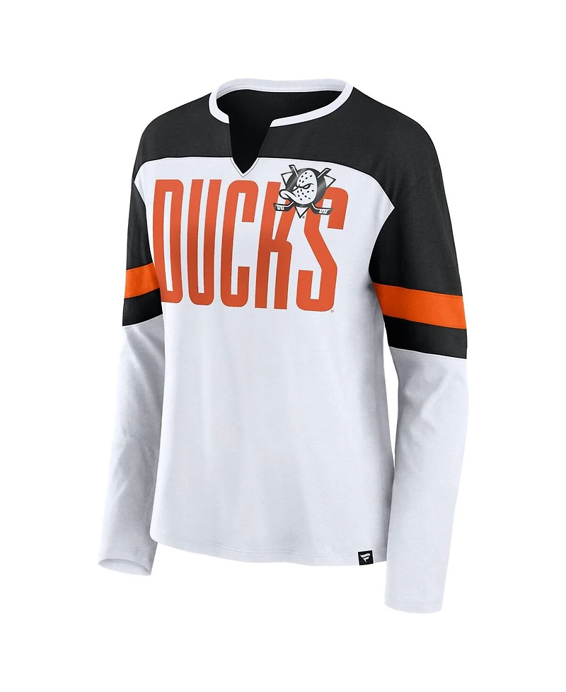 Fanatics Women's White/Black Anaheim Ducks Frozen Long Sleeve Notch Neck T-Shirt