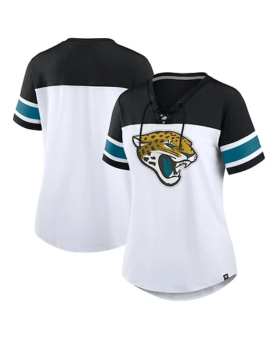 Fanatics Women's White/Black Jacksonville Jaguars Athena Rhinestone Lace-Up V-Neck T-Shirt