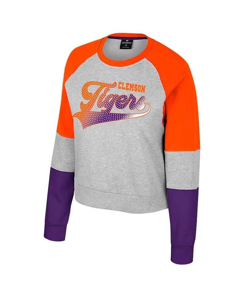 Colosseum Big Girls Heather Gray Clemson Tigers Katinka Rhinestone Pullover Sweatshirt