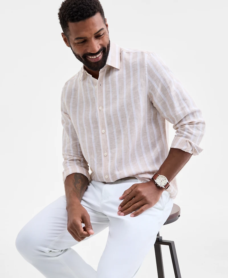 Club Room Men's Facil Stripe Linen Long-Sleeve Shirt, Macy's Exclusive