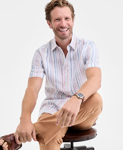 Club Room Men's Short-Sleeve Macro Striped Linen Shirt, Macy's Exclusive