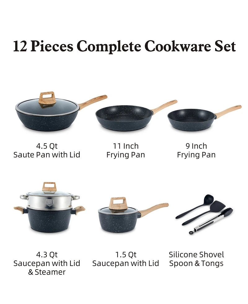 12-Piece Nonstick Ceramic Cookware Set, Granite Pots and Pans Set with Silicone Shovel, Spoon &Tongs