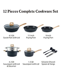 12-Piece Nonstick Ceramic Cookware Set, Granite Pots and Pans Set with Silicone Shovel, Spoon &Tongs