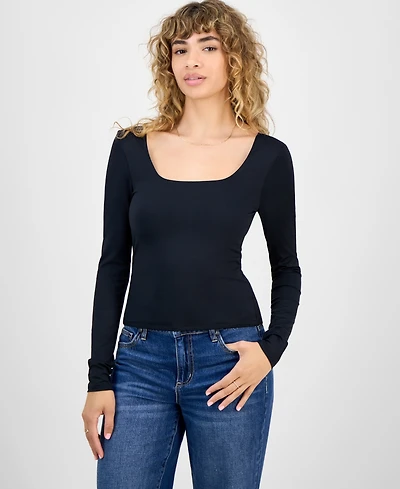 Madden Girl Juniors' Square-Neck Long-Sleeve Fitted Top