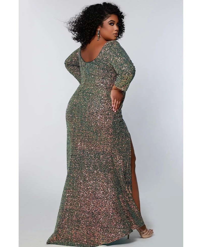 Sydney's Closet Women's Fitted V-Neck Multi-Dimensional Sequin Long Sleeve Plus Gown