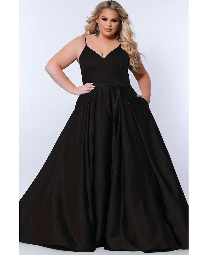 Sydney's Closet Women's Satin A-Line V-Neck Evening Gown
