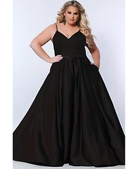 Sydney's Closet Women's Satin A-Line V-Neck Evening Gown