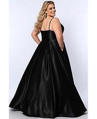 Sydney's Closet Women's Satin A-Line V-Neck Evening Gown