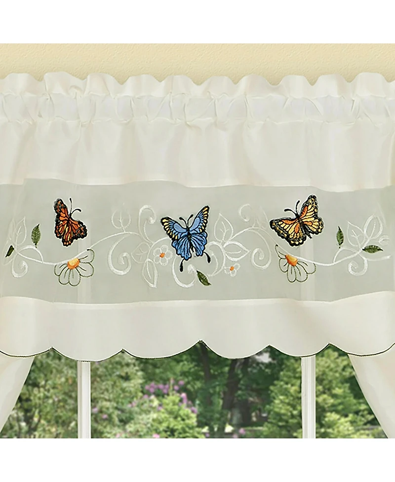 Kate Aurora Embroidered Butterflies & Sunflowers Complete 3 Piece Kitchen Curtain Tier & Valance Set