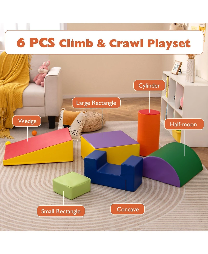 Gymax Toddler 6 Pcs Climber Play Set Indoor Foam Climb & Crawl Activity Blocks w/ Cover