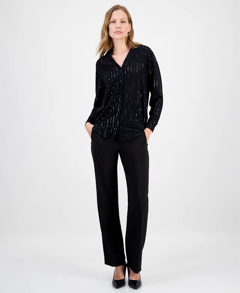 Anne Klein Women's Metallic-Stripe Split-Neck Blouse