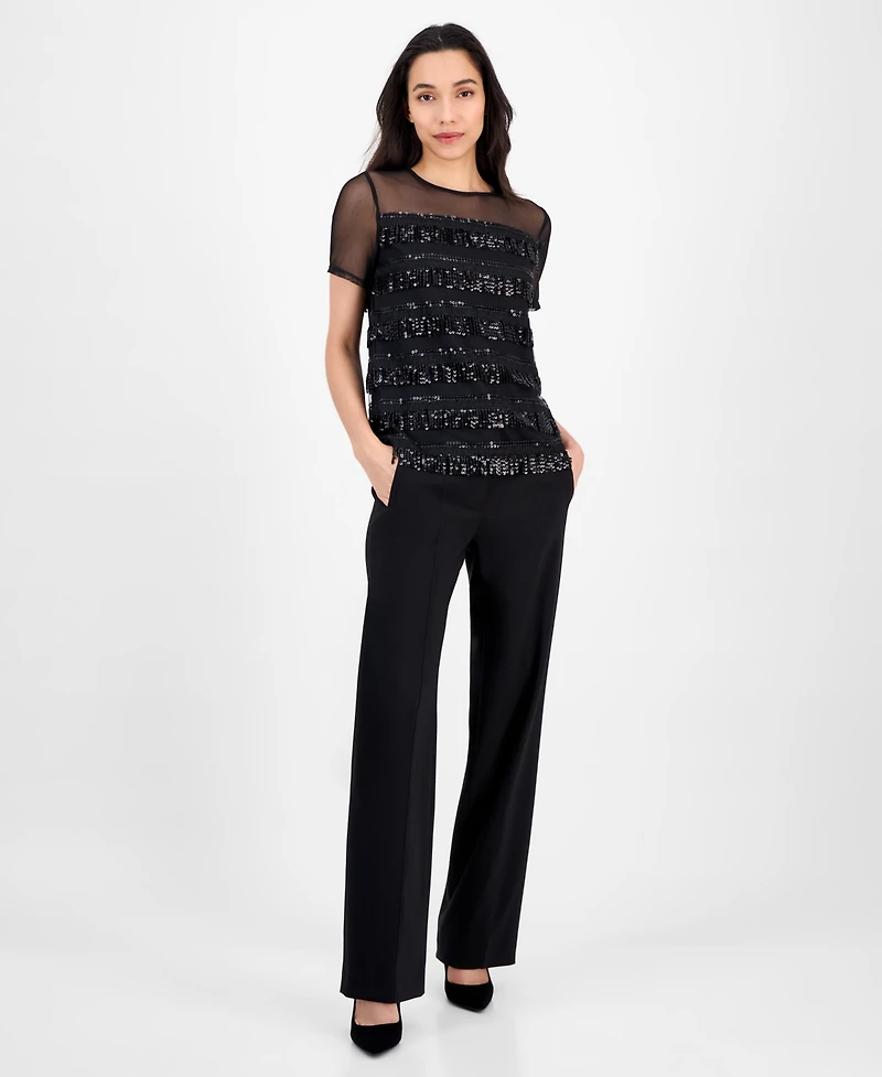 Anne Klein Women's Crewneck Sequin-Fringe-Trim Top