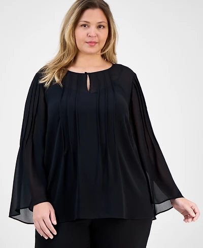 Anne Klein Plus Size Chiffon Pintuck Flutter-Sleeve Blouse