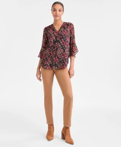 Jones New York Womens V Neck 3 4 Flutter Sleeve Top Lexington Ankle Length Straight Jeans