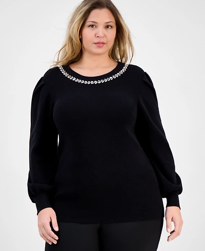 Ak Anne Klein Plus Embellished Crewneck Sweater