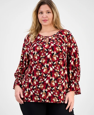 Ak Anne Klein Plus Printed Long-Sleeve Keyhole Blouse