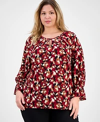 Ak Anne Klein Plus Printed Long-Sleeve Keyhole Blouse