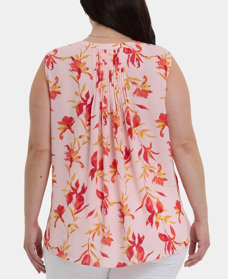 Nydj Plus Sleeveless Pintuck Split Neck Top