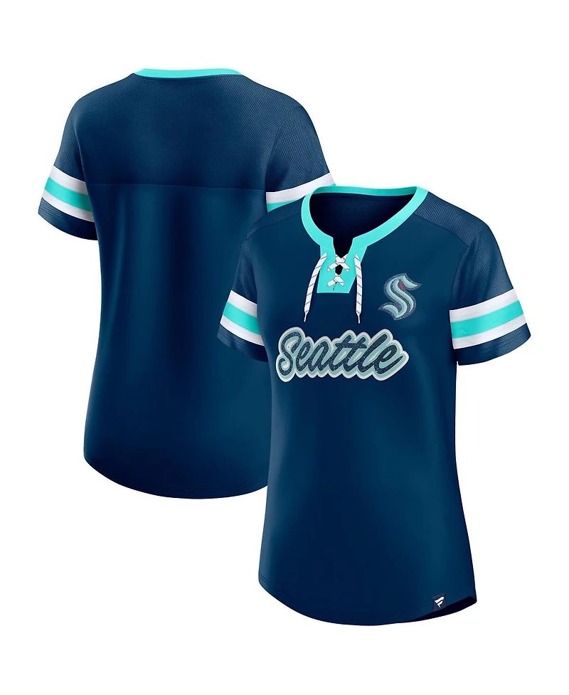 Fanatics Women's Deep Sea Blue Seattle Kraken Iconic Athena Lace-Up T-Shirt