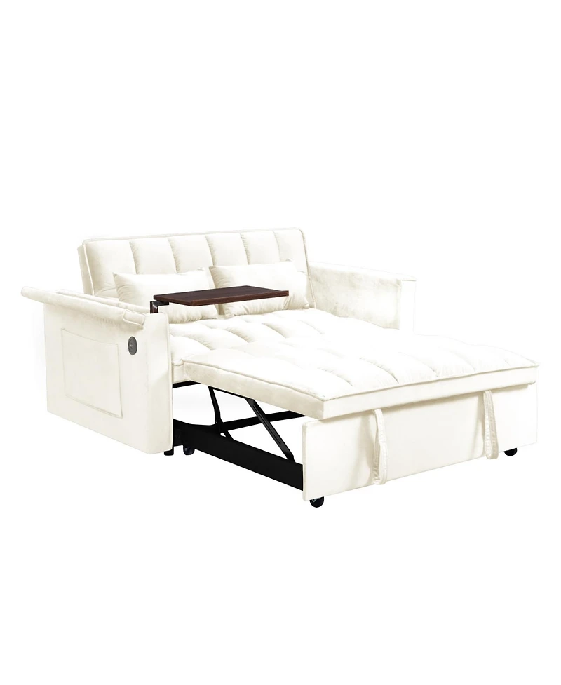 Streamdale Furniture Foldable Velvet Sofa Bed with Usb Desk (Beige)