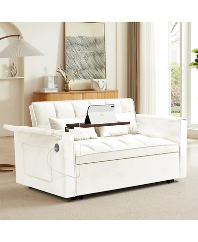 Streamdale Furniture Foldable Velvet Sofa Bed with Usb Desk (Beige)
