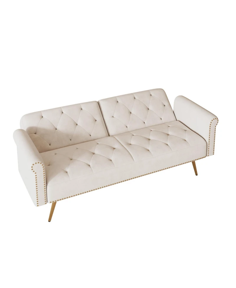 Streamdale Furniture Beige Velvet Sofa Bed with Nailhead Trim & Throw Pillow