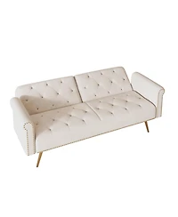 Streamdale Furniture Beige Velvet Sofa Bed with Nailhead Trim & Throw Pillow