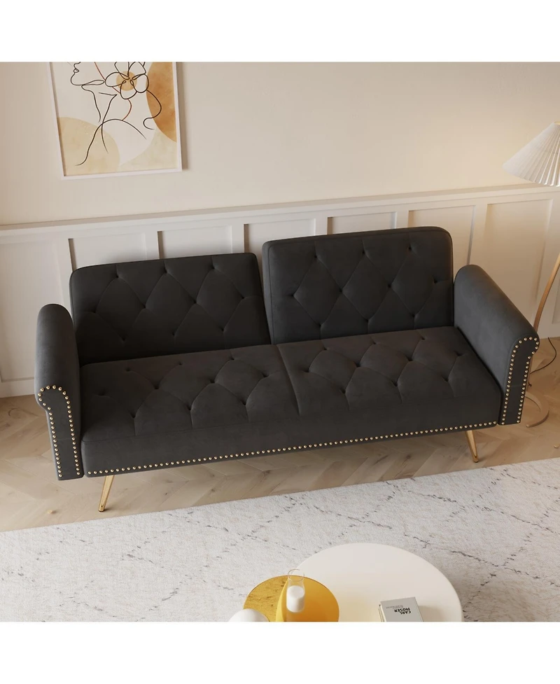 Streamdale Furniture Black Velvet Sofa Bed with Nailhead Trim & Pillow