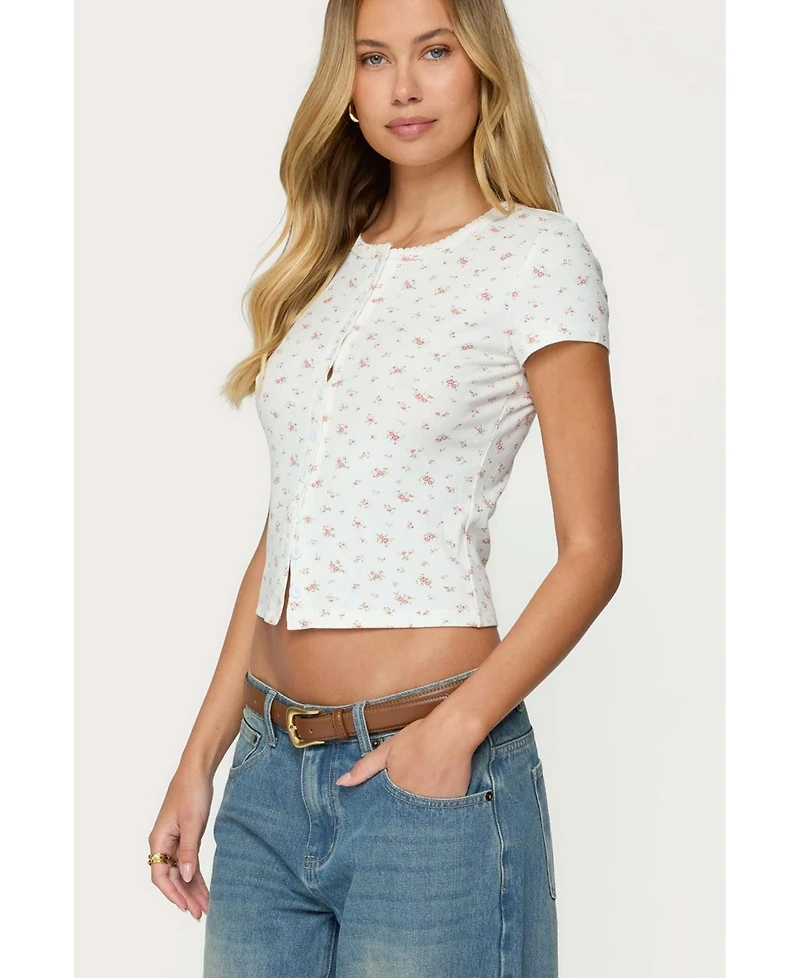 Edikted Women's Odella Floral Ribbed Button Up Top