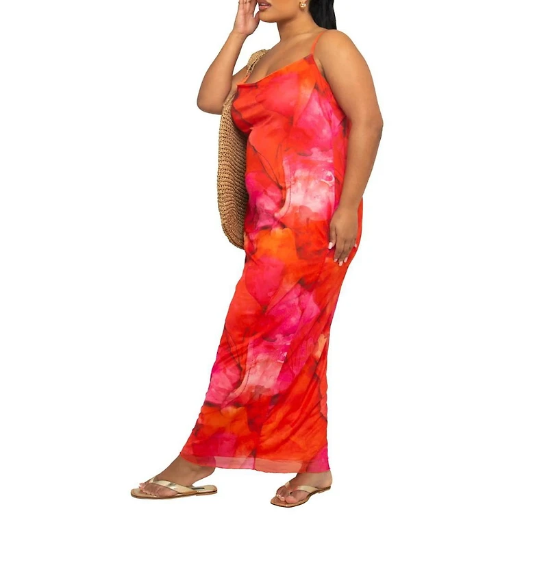 Fashion-szn Curve Women's Strappy Abstract Print Mesh Maxi Dress