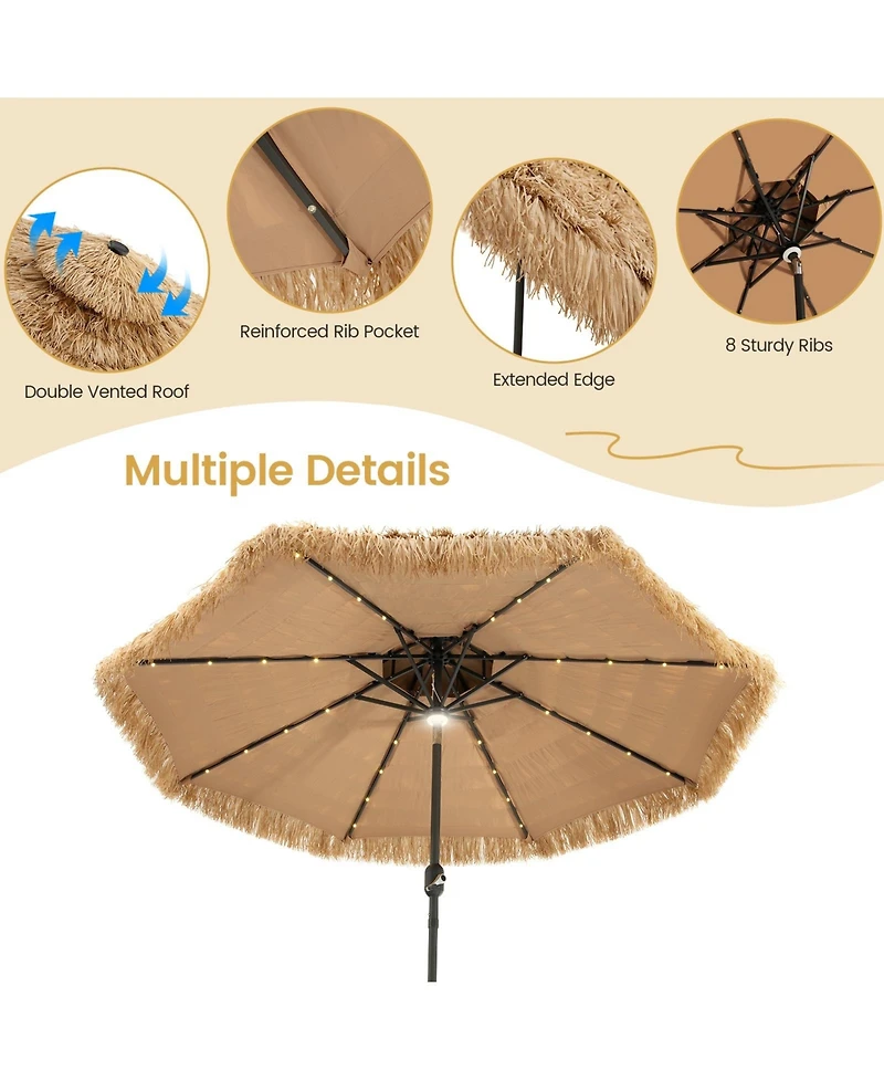 Mecale 9 Feet Solar Powered Thatched Tiki Patio Umbrella with Led Lights
